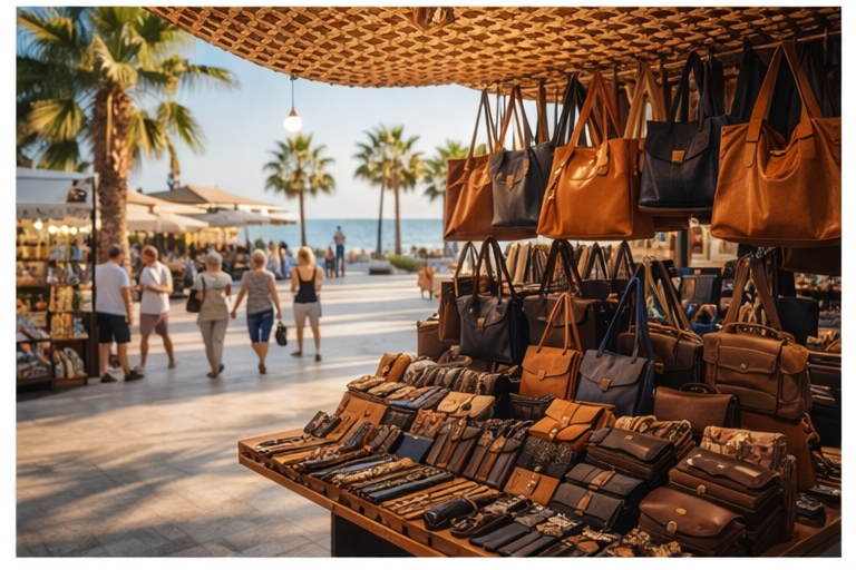 Кожаные изделия и аксессуары в торговой точке у моря